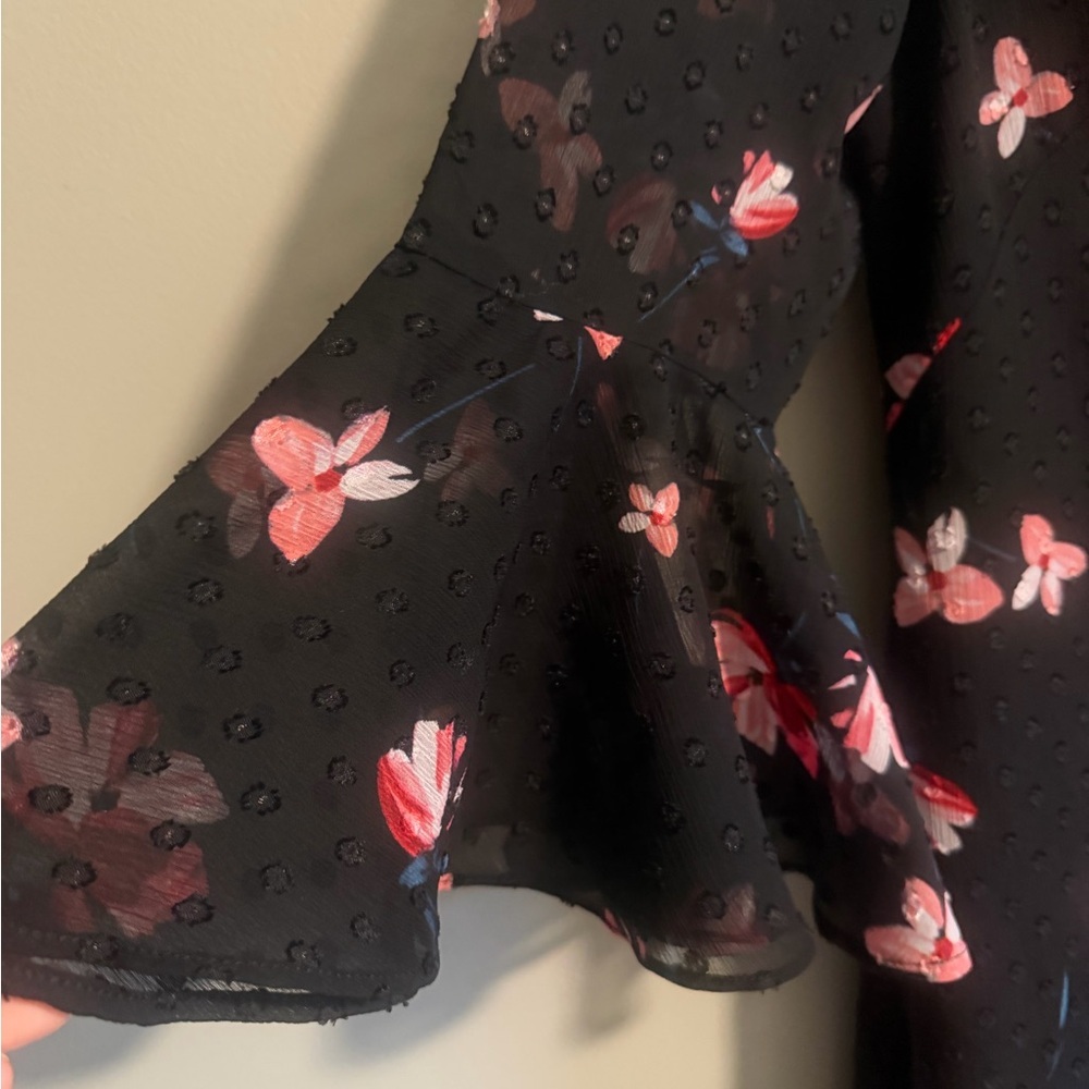Eliza J Black Pink Floral Chiffon Ruffle hem Swiss dot 3/4 bell sleeve size 6 - Picture 5 of 13